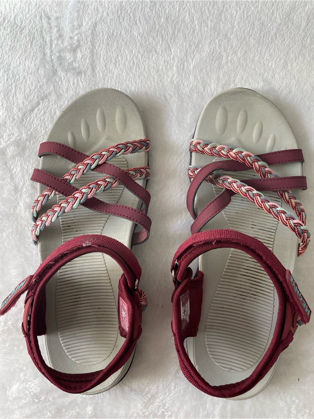 MEGNYA Braided Strappy Sandal in Burgundy and White